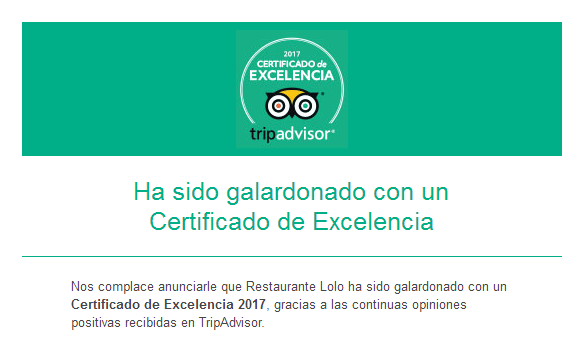 Certificado de excelencia Tripadvisor para Lolo Restaurante